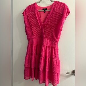 AQUA Swiss Dot Ruffled V-Neck Pink Dress